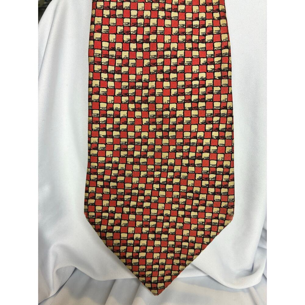 Hermès 398 EA Silk Tie - Red Geometric Checkered Pattern FLAWS